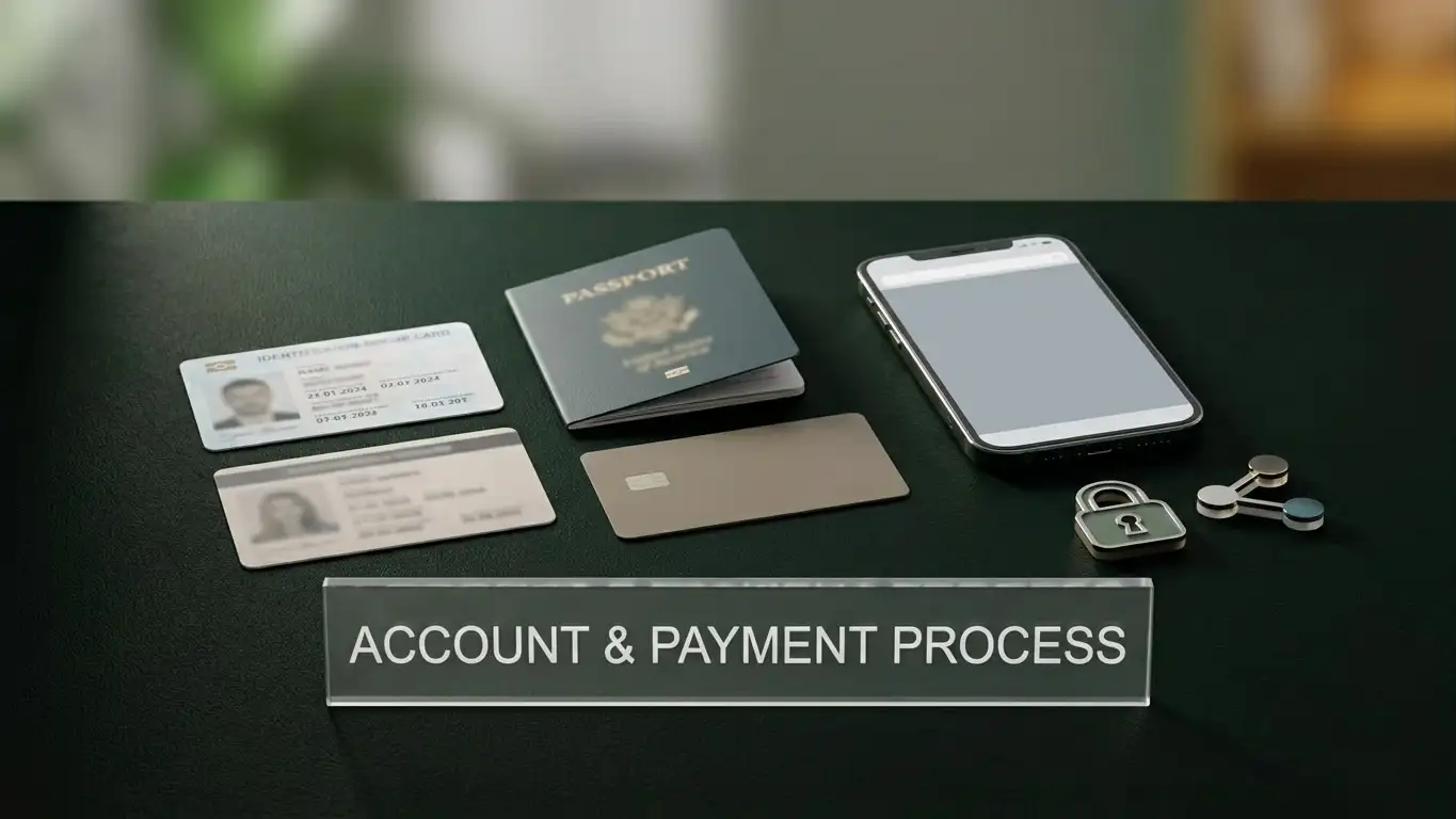 Desk scene with abstract identity documents, payment shapes and a mobile browser frame
