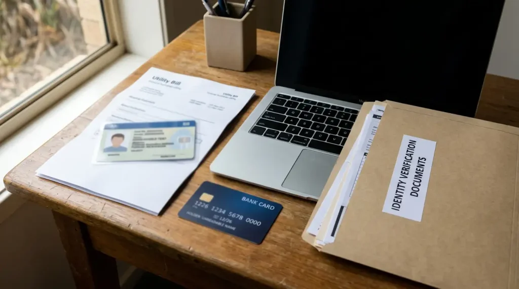 Identity documents, an address statement and a bank card arranged beside a laptop for an account verification check