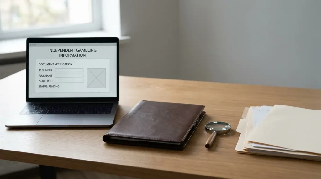 Desk with regulatory papers, a magnifying glass and a laptop showing a generic document-checking layout
