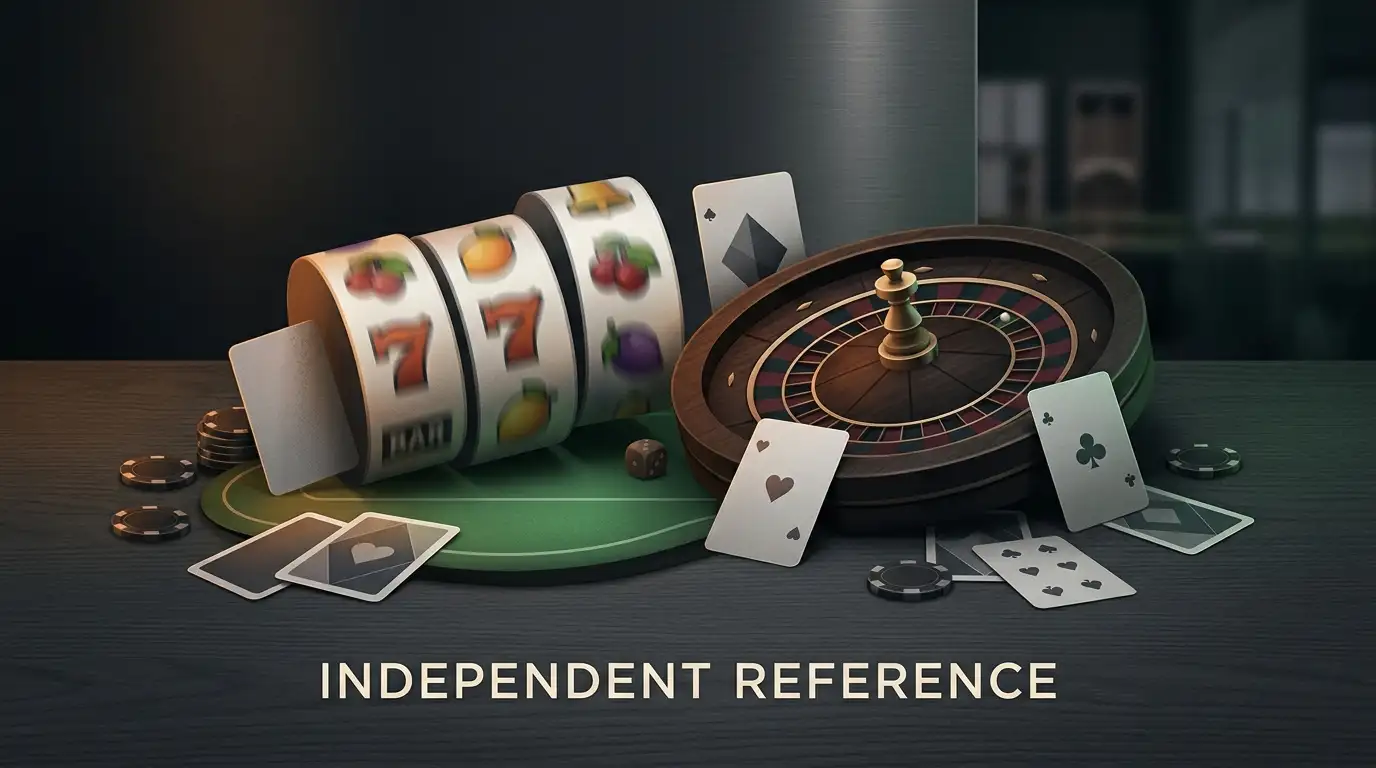 A dark gaming table with abstract card, wheel and slot-reel shapes arranged as a mixed casino-game display