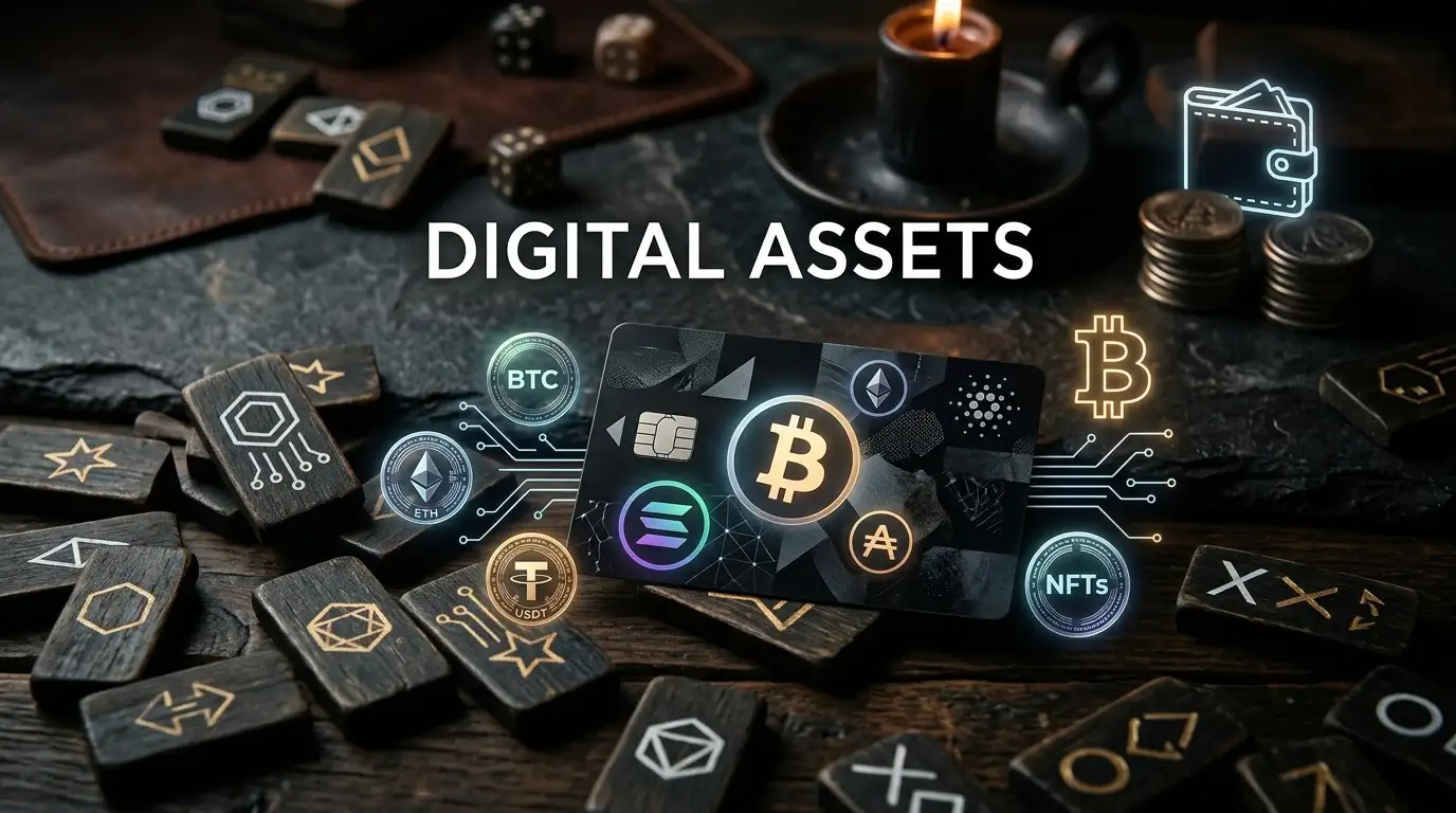 Dark still life combining abstract game tiles, a payment card shape and digital-asset symbols
