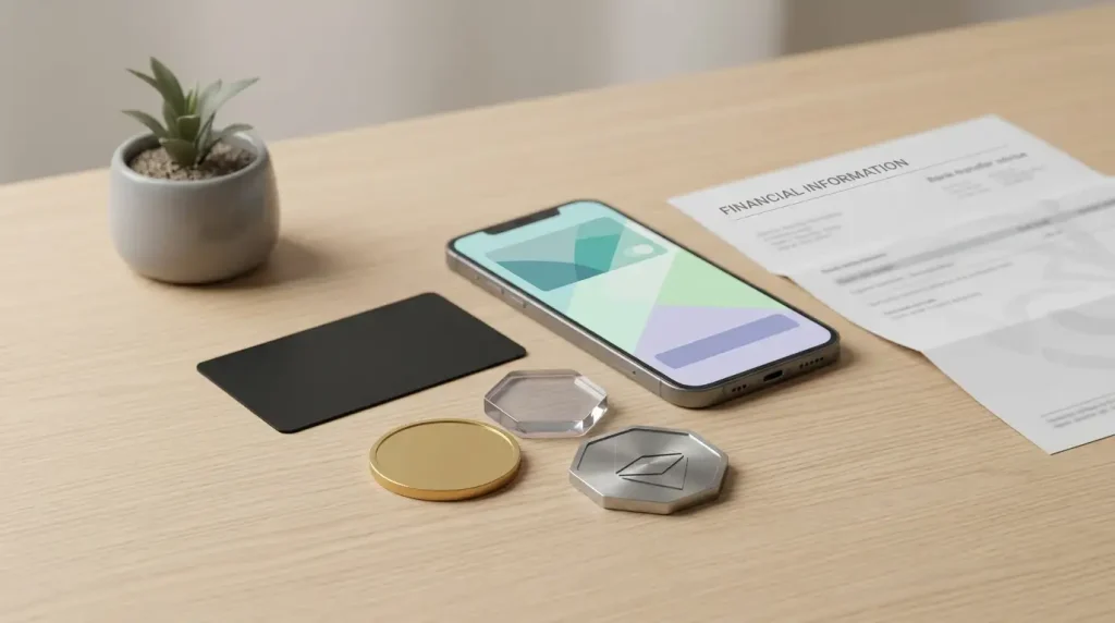 Desk scene with a generic bank card shape, digital-asset tokens and a mobile payment interface without readable text
