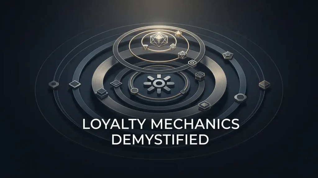 Layered loyalty tiers represented by orbiting geometric markers around a central points symbol