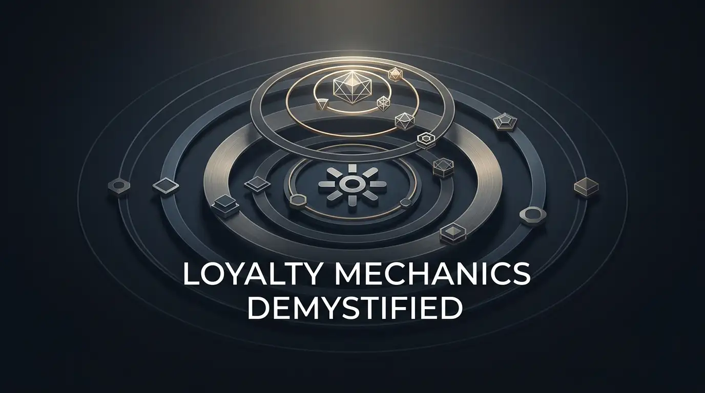 Layered loyalty tiers represented by orbiting geometric markers around a central points symbol